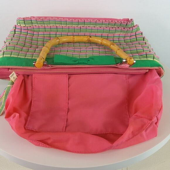 And pink plaid ruffled zip top handbag with faux w - Picture 15 of 17